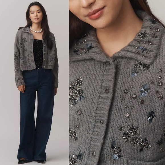 NWT Anthropologie Pilcro Embellished Floral Collared Cardigan Sweater Grey - Picture 7 of 7
